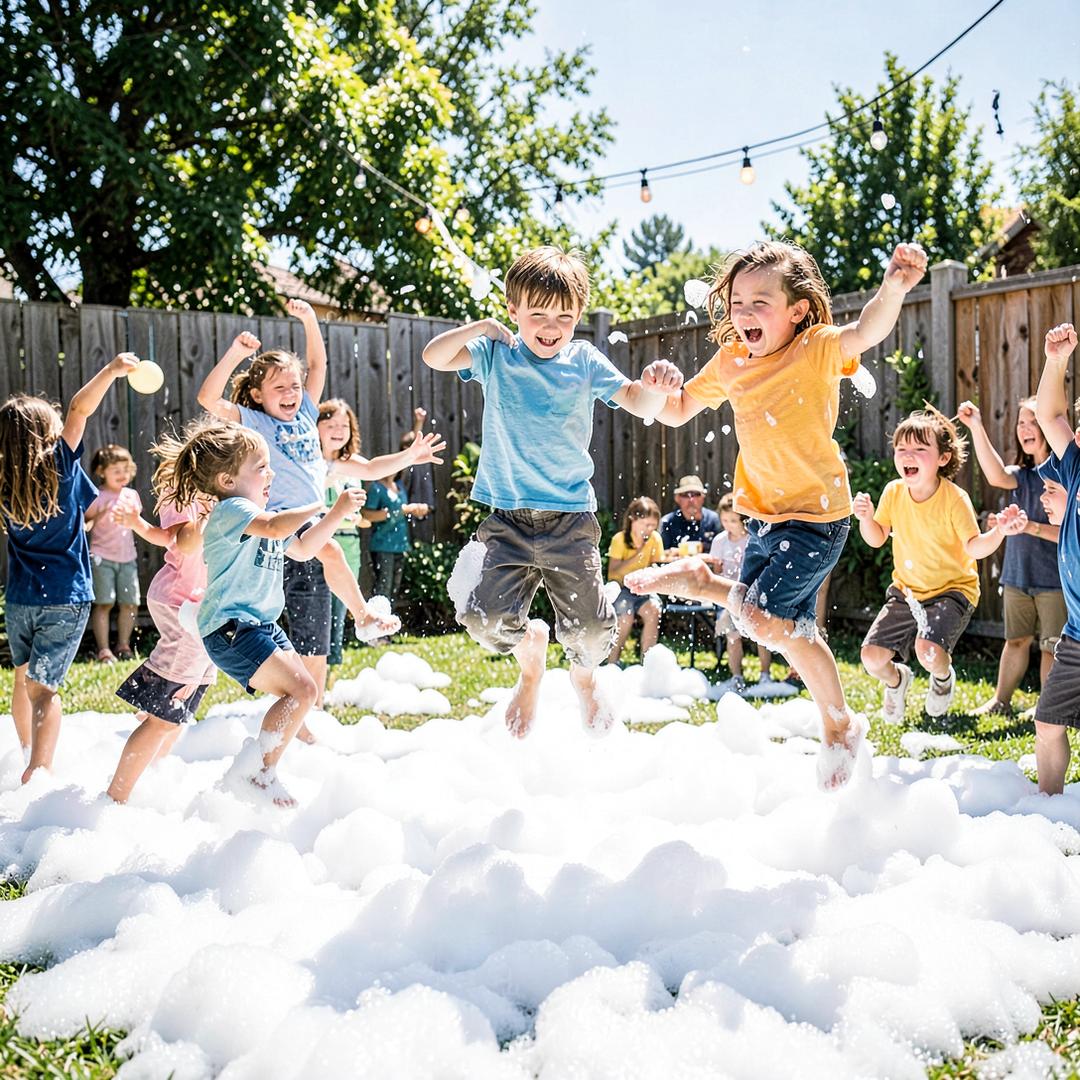 Children jumping through white foam at a backyard foam party in Laredo